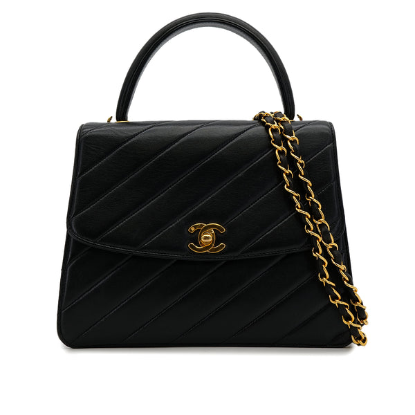 VINTAGE CHANEL BIAS STITCH CHAIN SHOULDER HAND BAG BLACK LAMB SKIN GOLD HARDWARE 90319587