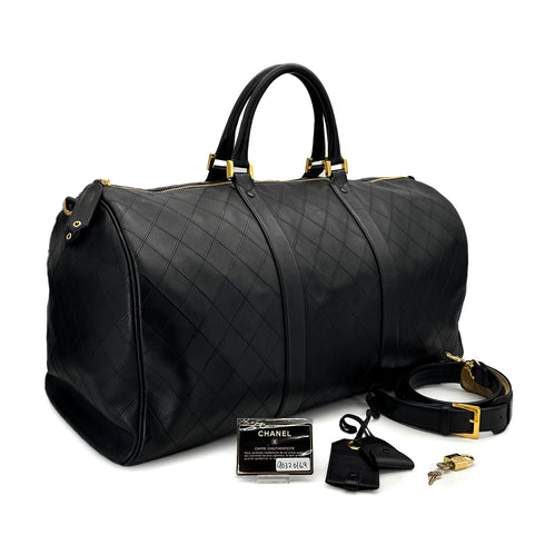 VINTAGE CHANEL BICOLORE BOSTON SHOULDER BAG BLACK LEATHER GOLD HARDWARE 90320169