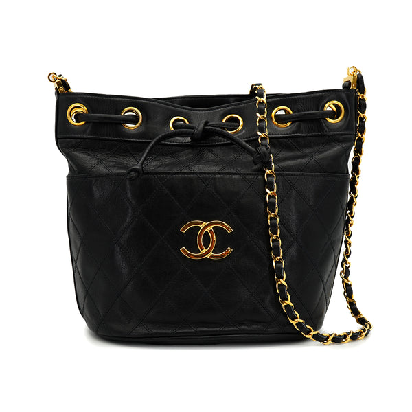 VINTAGE CHANEL BICOLORE DRAWSTRING CHAIN SHOULDER BAG BLACK LAMB SKIN GOLD HARDWARE 90333722