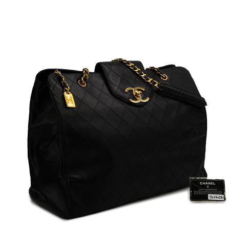 VINTAGE CHANEL BICOLORE SUPER MODEL CHAIN TOTE BAG BLACK LAMB SKIN GOLD HARDWARE 90342581