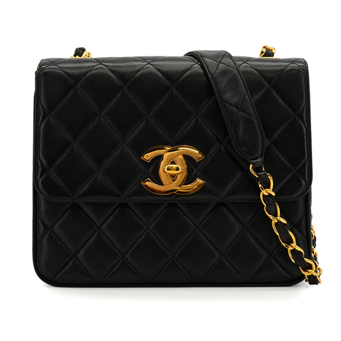 VINTAGE CHANEL BIC COCO CHAIN SHOULDER BAG BLACK LAMB SKIN GOLD HARDWARE 90345065