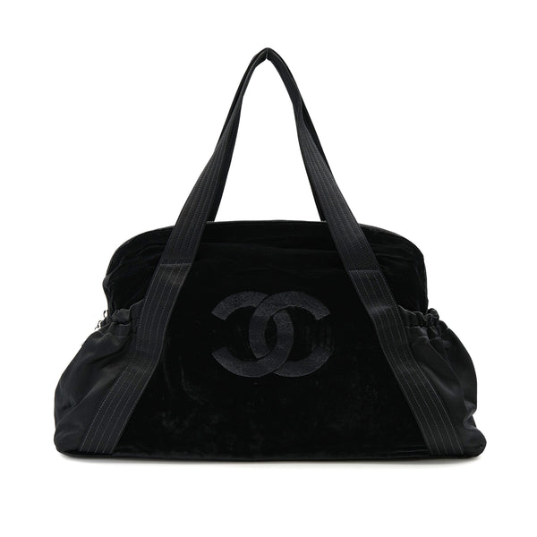 VINTAGE CHANEL BIG COCO BOSTON HAND BAG BLACK SATIN VELVET SILVER HARDWARE 90322285