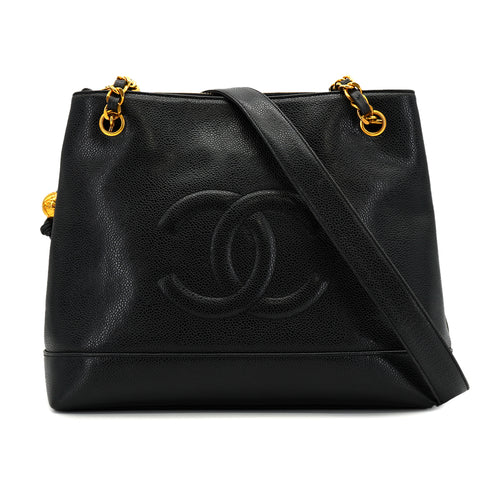 VINTAGE CHANEL BIG COCO CHAIN SHOULDER BAG BLACK CAVIAR SKIN GOLD HARDWARE 90326721