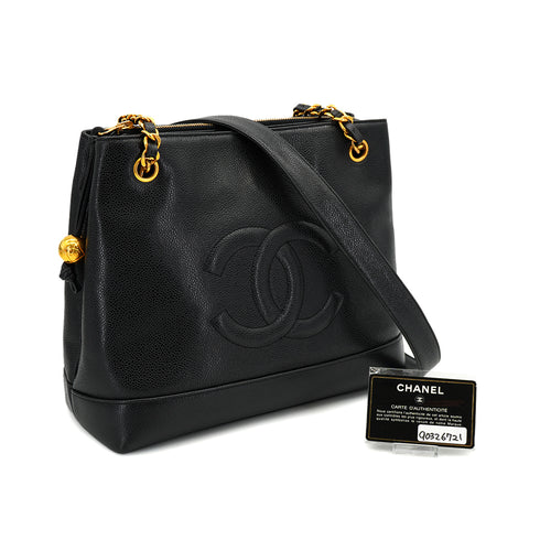 VINTAGE CHANEL BIG COCO CHAIN SHOULDER BAG BLACK CAVIAR SKIN GOLD HARDWARE 90326721