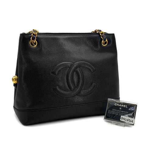 VINTAGE CHANEL BIG COCO CHAIN SHOULDER BAG BLACK CAVIAR SKIN GOLD HARDWARE 90326724