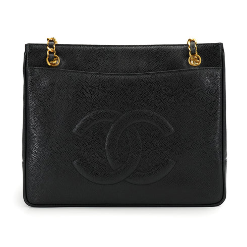 VINTAGE CHANEL BIG COCO CHAIN SHOULDER BAG BLACK CAVIAR SKIN GOLD HARDWARE 90335154
