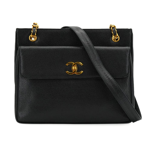 VINTAGE CHANEL BIG COCO CHAIN SHOULDER BAG BLACK CAVIAR SKIN GOLD HARDWARE 90335154