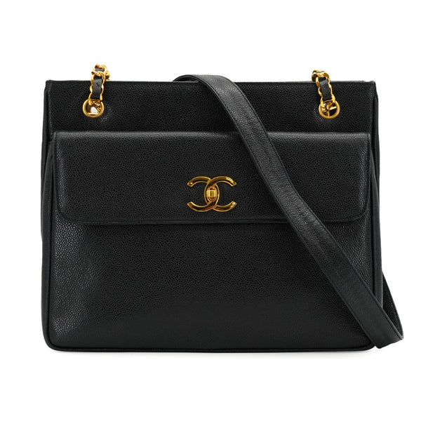 VINTAGE CHANEL BIG COCO CHAIN SHOULDER BAG BLACK CAVIAR SKIN GOLD HARDWARE 90335154