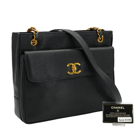 VINTAGE CHANEL BIG COCO CHAIN SHOULDER BAG BLACK CAVIAR SKIN GOLD HARDWARE 90335154