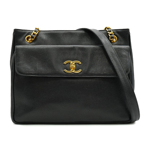 VINTAGE CHANEL BIG COCO CHAIN SHOULDER BAG BLACK CAVIAR SKIN GOLD HARDWARE 90335286