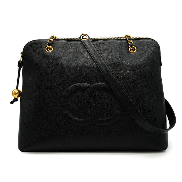 VINTAGE CHANEL BIG COCO CHAIN SHOULDER BAG BLACK CAVIAR SKIN GOLD HARDWARE 90335304