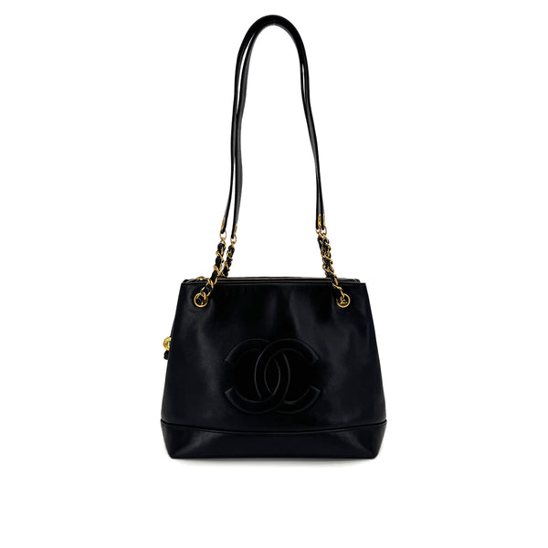 VINTAGE CHANEL BIG COCO CHAIN SHOULDER BAG BLACK LAMB SKIN GOLD HARDWARE 90317910