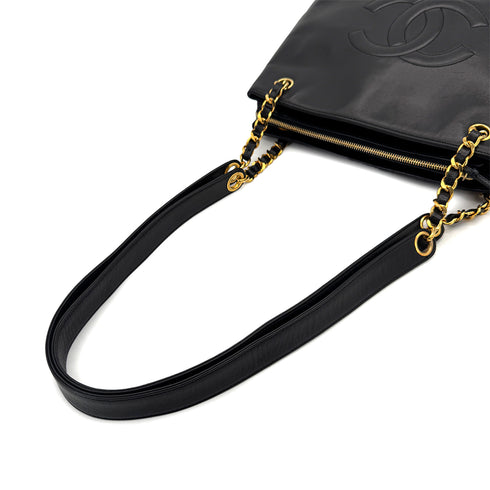 VINTAGE CHANEL BIG COCO CHAIN SHOULDER BAG BLACK LAMB SKIN GOLD HARDWARE 90317910