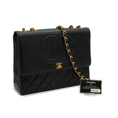 VINTAGE CHANEL BIG COCO CHAIN SHOULDER BAG BLACK LAMB SKIN GOLD HARDWARE 90341831