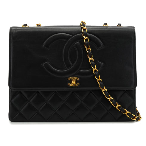 VINTAGE CHANEL BIG COCO CHAIN SHOULDER BAG BLACK LAMB SKIN GOLD HARDWARE 90341831