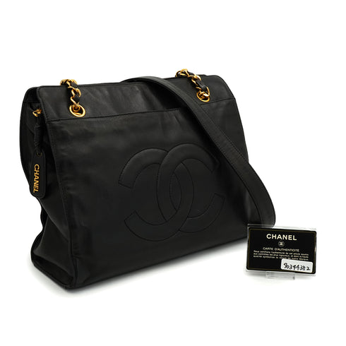 VINTAGE CHANEL BIG COCO CHAIN SHOULDER BAG BLACK LAMB SKIN GOLD HARDWARE 90344382