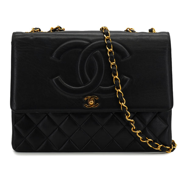 VINTAGE CHANEL BIG COCO CHAIN SHOULDER BAG BLACK LAMB SKIN GOLD HARDWARE 90327079