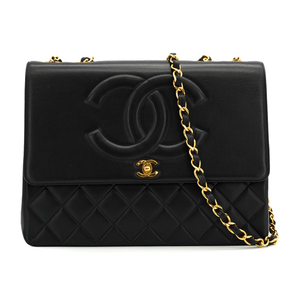 VINTAGE CHANEL BIG COCO CHAIN SHOULDER BAG BLACK LEATHER GOLD HARDWARE 90325334