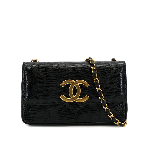 VINTAGE CHANEL BIG COCO CHAIN SHOULDER BAG BLACK LIZARD GOLD HARDWARE 90311042