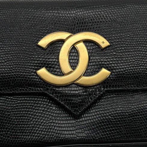 VINTAGE CHANEL BIG COCO CHAIN SHOULDER BAG BLACK LIZARD GOLD HARDWARE 90311042