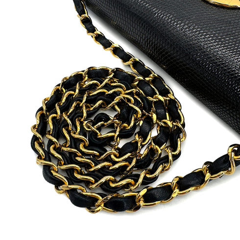 VINTAGE CHANEL BIG COCO CHAIN SHOULDER BAG BLACK LIZARD GOLD HARDWARE 90311042