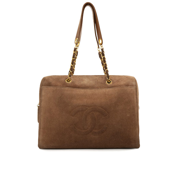 VINTAGE CHANEL BIG COCO CHAIN SHOULDER BAG BROWN SUEDE GOLD HARDWARE 90317882