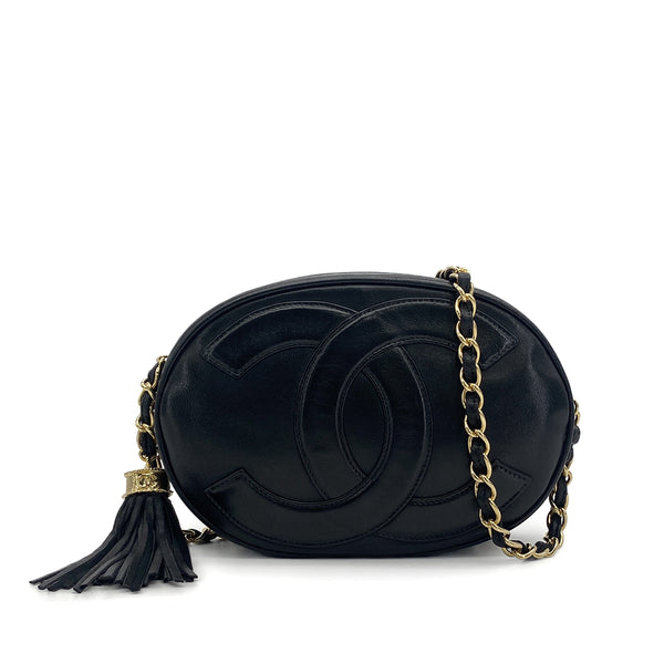 VINTAGE CHANEL BIG COCO CHAIN SHOULDER BAG FRINGE BLACK LAMB SKIN GOLD HARDWARE 90317912