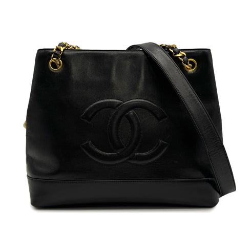 VINTAGE CHANEL BIG COCO CHAIN SHOULDER TOTE BAG BLACK LEATHER GOLD HARDWARE 90313397