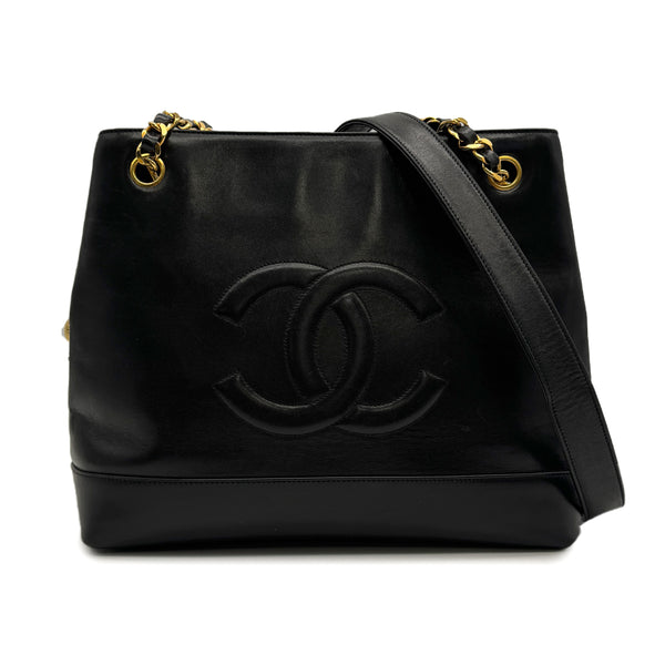 VINTAGE CHANEL BIG COCO CHAIN SHOULDER TOTE BAG BLACK LEATHER GOLD HARDWARE 90313397