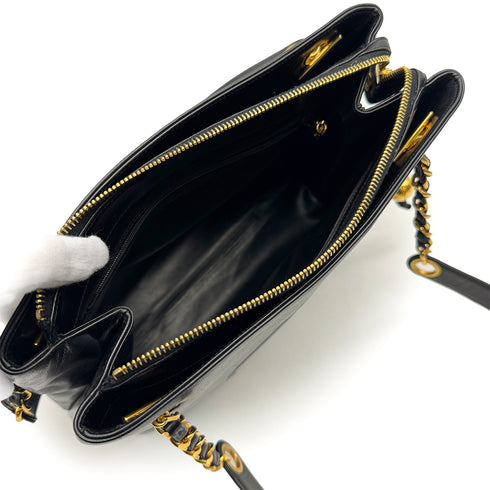 VINTAGE CHANEL BIG COCO CHAIN SHOULDER TOTE BAG BLACK LEATHER GOLD HARDWARE 90313397