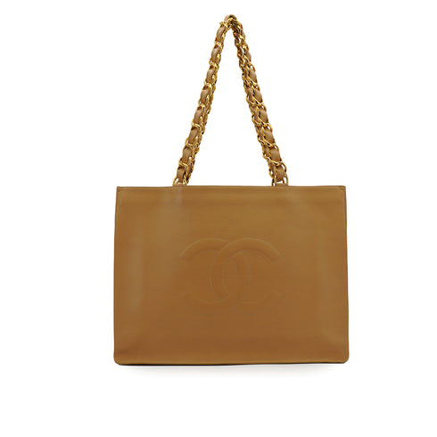 VINTAGE CHANEL BIG COCO CHAIN TOTE BAG BEIGE LEATHER GOLD HARDWARE 90335291