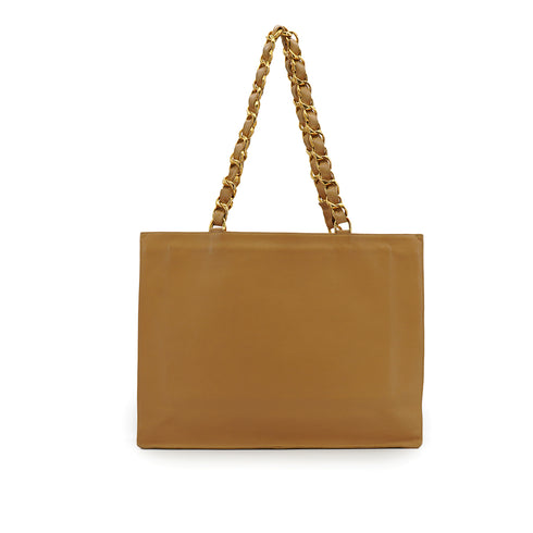 VINTAGE CHANEL BIG COCO CHAIN TOTE BAG BEIGE LEATHER GOLD HARDWARE 90335291