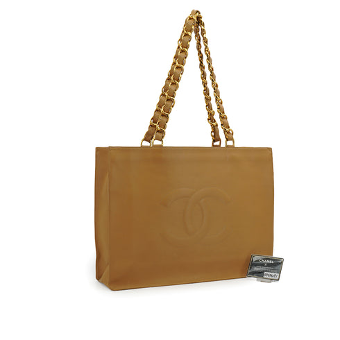 VINTAGE CHANEL BIG COCO CHAIN TOTE BAG BEIGE LEATHER GOLD HARDWARE 90335291