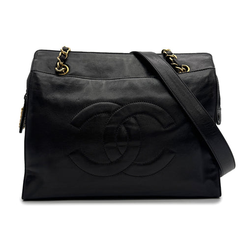 VINTAGE CHANEL BIG COCO CHAIN TOTE BAG BLACK LAMB SKIN GOLD HARDWARE 90315017
