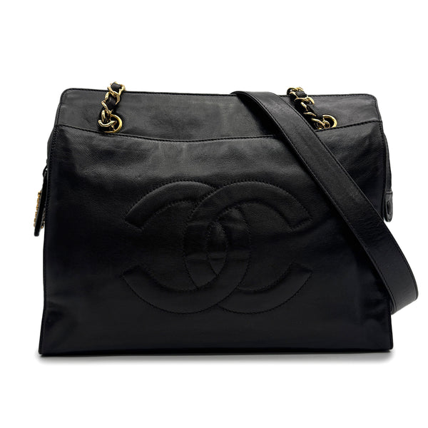 VINTAGE CHANEL BIG COCO CHAIN TOTE BAG BLACK LAMB SKIN GOLD HARDWARE 90315017