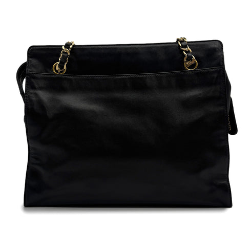 VINTAGE CHANEL BIG COCO CHAIN TOTE BAG BLACK LAMB SKIN GOLD HARDWARE 90315017