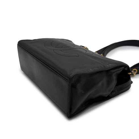 VINTAGE CHANEL BIG COCO CHAIN TOTE BAG BLACK LAMB SKIN GOLD HARDWARE 90315017