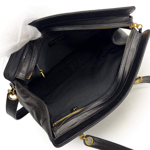 VINTAGE CHANEL BIG COCO CHAIN TOTE BAG BLACK LAMB SKIN GOLD HARDWARE 90315017
