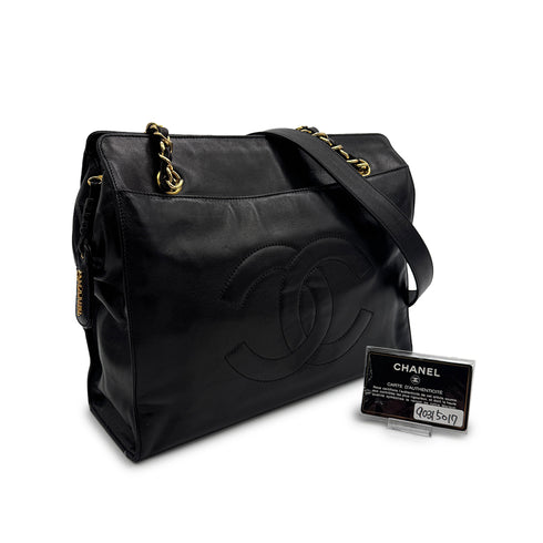 VINTAGE CHANEL BIG COCO CHAIN TOTE BAG BLACK LAMB SKIN GOLD HARDWARE 90315017