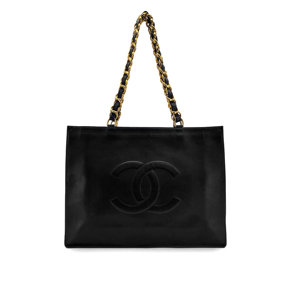 VINTAGE CHANEL BIG COCO CHAIN TOTE BAG BLACK LEATHER GOLD HARDWARE 90314316