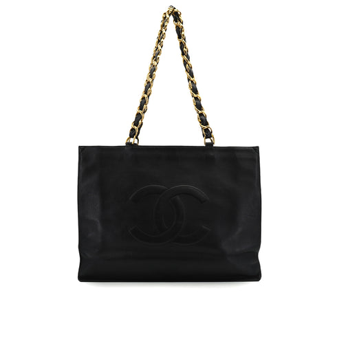 VINTAGE CHANEL BIG COCO CHAIN TOTE BAG BLACK LEATHER GOLD HARDWARE 90324748