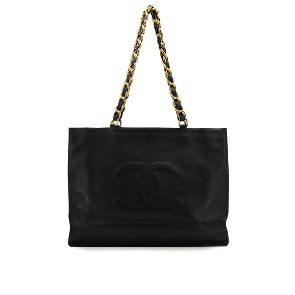 VINTAGE CHANEL BIG COCO CHAIN TOTE BAG BLACK LEATHER GOLD HARDWARE 90324748