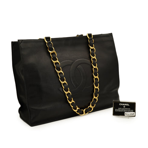 VINTAGE CHANEL BIG COCO CHAIN TOTE BAG BLACK LEATHER GOLD HARDWARE 90324748