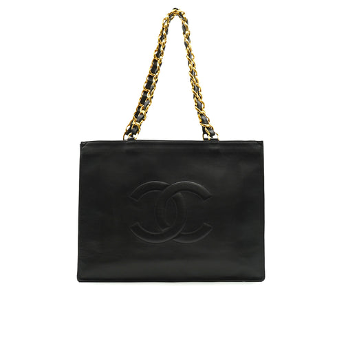 VINTAGE CHANEL BIG COCO CHAIN TOTE BAG BLACK LEATHER GOLD HARDWARE 90332960