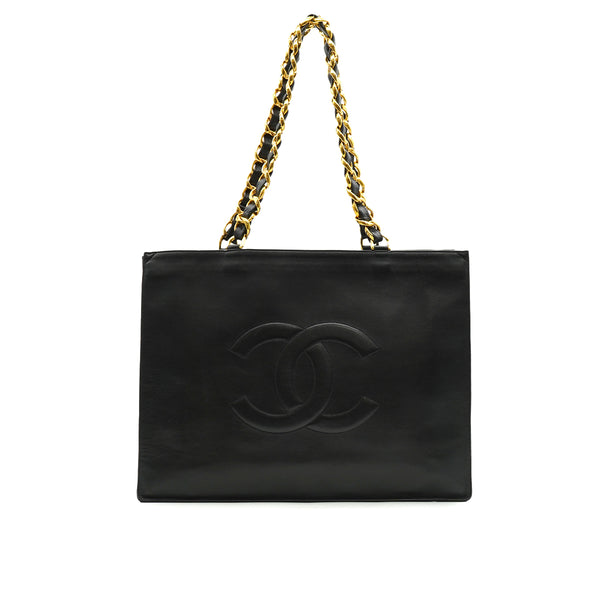 VINTAGE CHANEL BIG COCO CHAIN TOTE BAG BLACK LEATHER GOLD HARDWARE 90332960