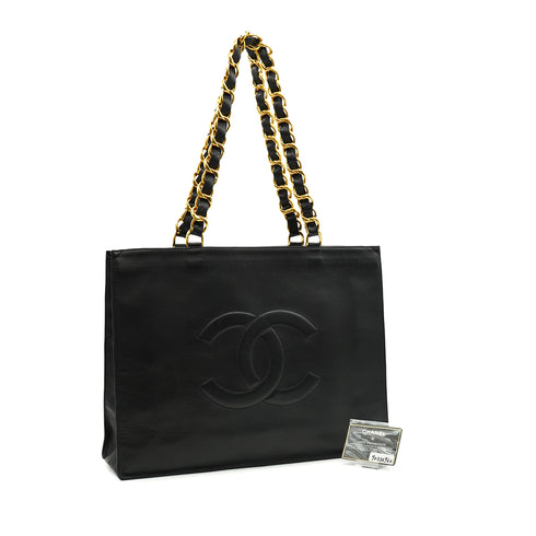 VINTAGE CHANEL BIG COCO CHAIN TOTE BAG BLACK LEATHER GOLD HARDWARE 90332960
