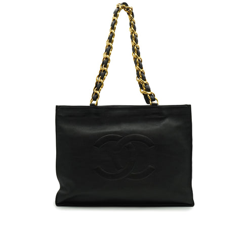 VINTAGE CHANEL BIG COCO CHAIN TOTE BAG BLACK LEATHER GOLD HARDWARE 90333716