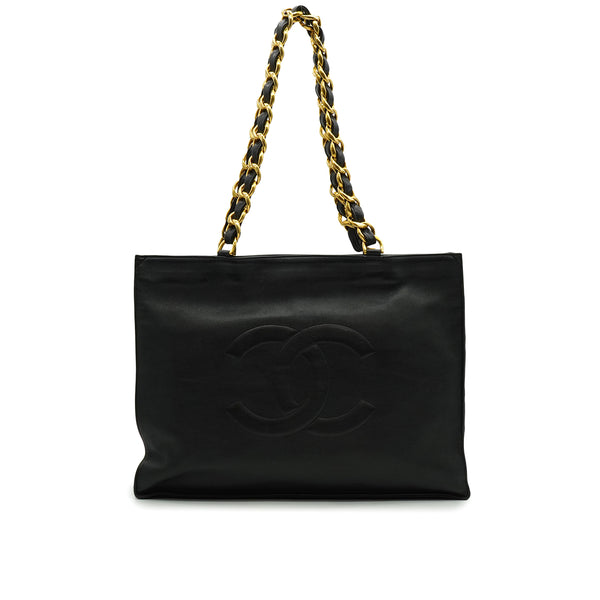 VINTAGE CHANEL BIG COCO CHAIN TOTE BAG BLACK LEATHER GOLD HARDWARE 90333716