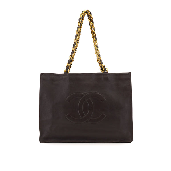VINTAGE CHANEL BIG COCO CHAIN TOTE BAG BROWN LEATHER GOLD HARDWARE 90331406