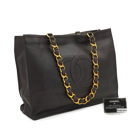 VINTAGE CHANEL BIG COCO CHAIN TOTE BAG BROWN LEATHER GOLD HARDWARE 90331406